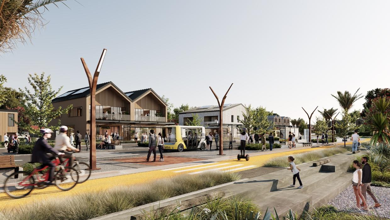 Reimagined town-centre street with cyclists and planting